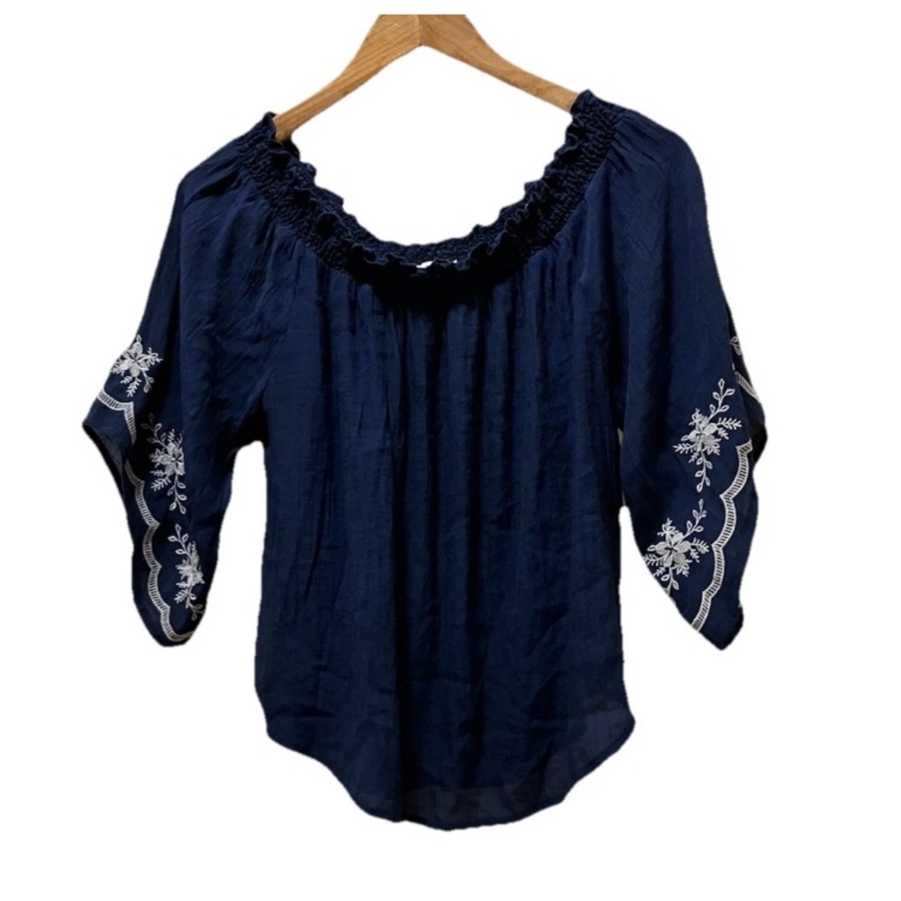 Women's Off-Shoulder Cropped Boho Top Floral Embroidered Bell Sleeve Navy Sz M